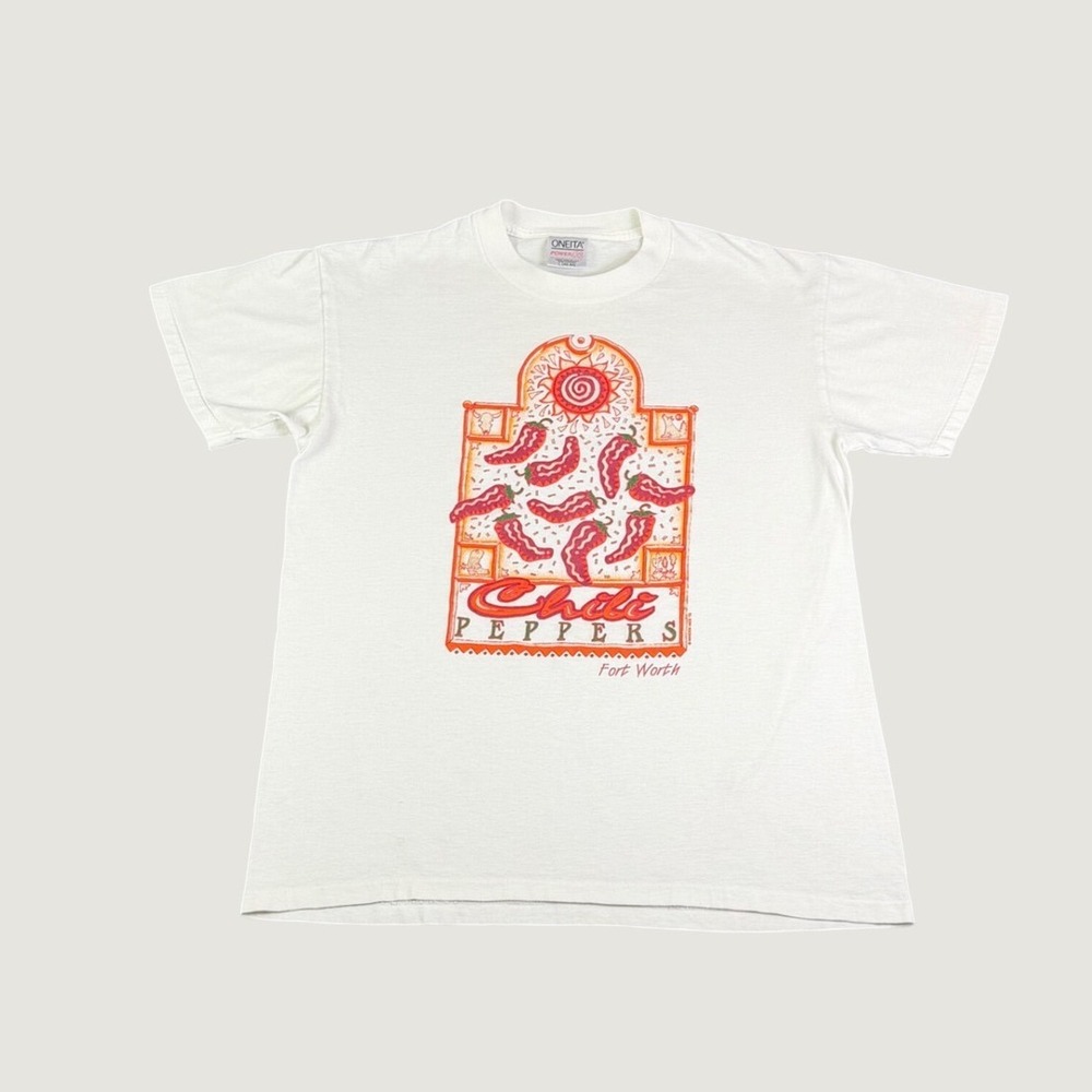 Vintage 90s Oneita Chili Peppers Fort Worth T-Shirt Mens Large White 1993 Tee